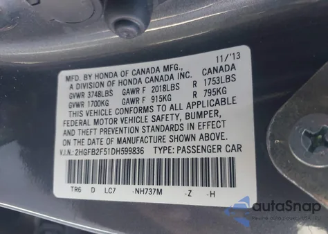 2013 Honda Civic Lx from USA, damaged, VIN 2HGFB2F51DH599836